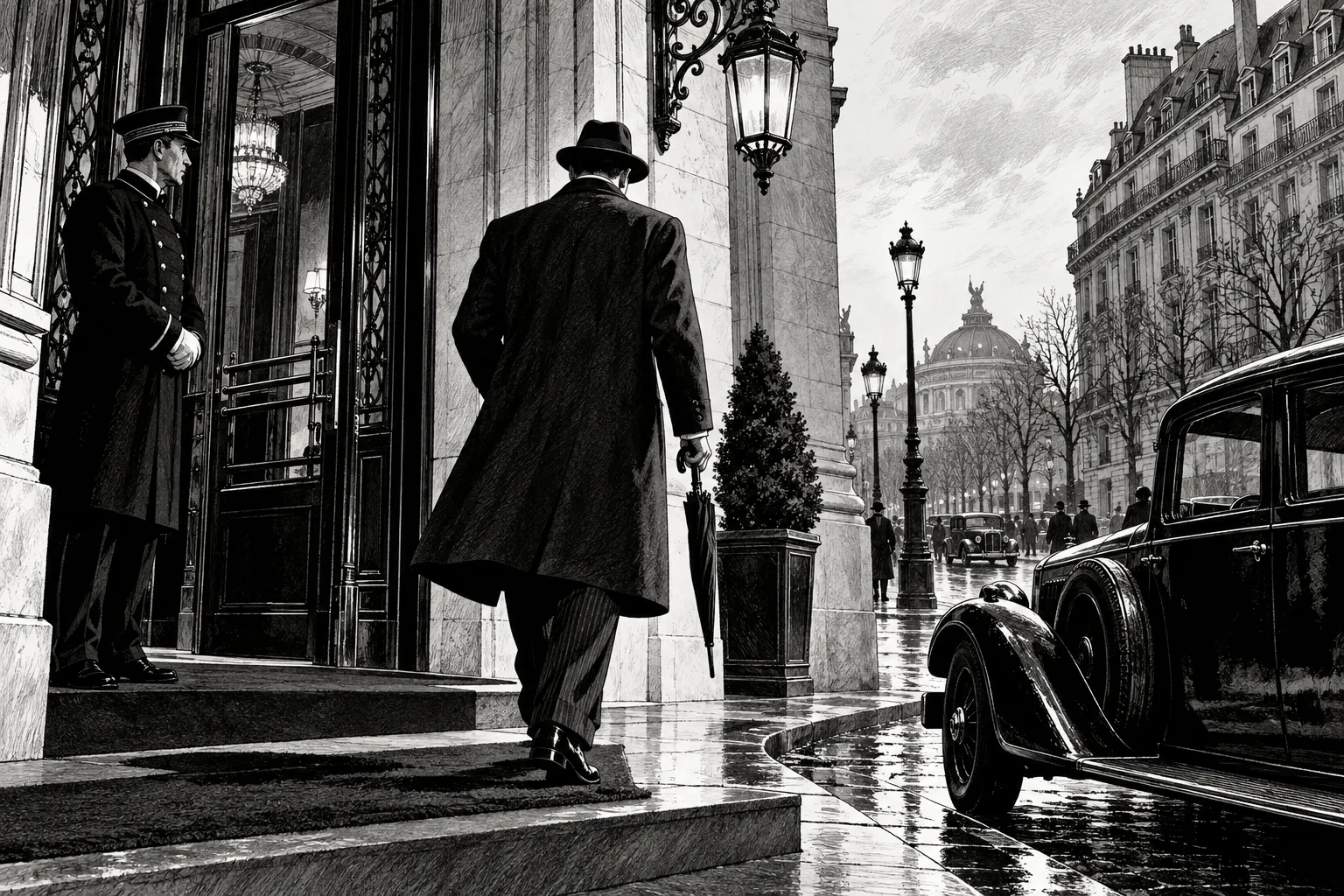 Illustration de polar : un homme au parapluie quitte un palace parisien